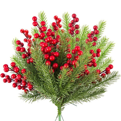 Artificial Pine Branches | Holly Branches with Red Berry - 10Pcs
