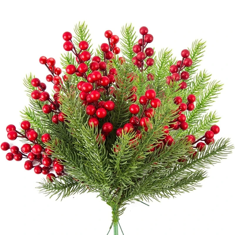 Artificial Pine Branches | Holly Branches with Red Berry - 10Pcs