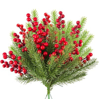 Artificial Pine Branches | Holly Branches with Red Berry - 10Pcs