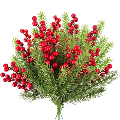 Artificial Pine Branches | Holly Branches with Red Berry - 10Pcs