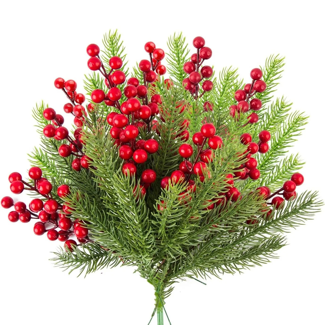Artificial Pine Branches | Holly Branches with Red Berry - 10Pcs