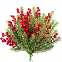 Artificial Pine Branches | Holly Branches with Red Berry - 10Pcs