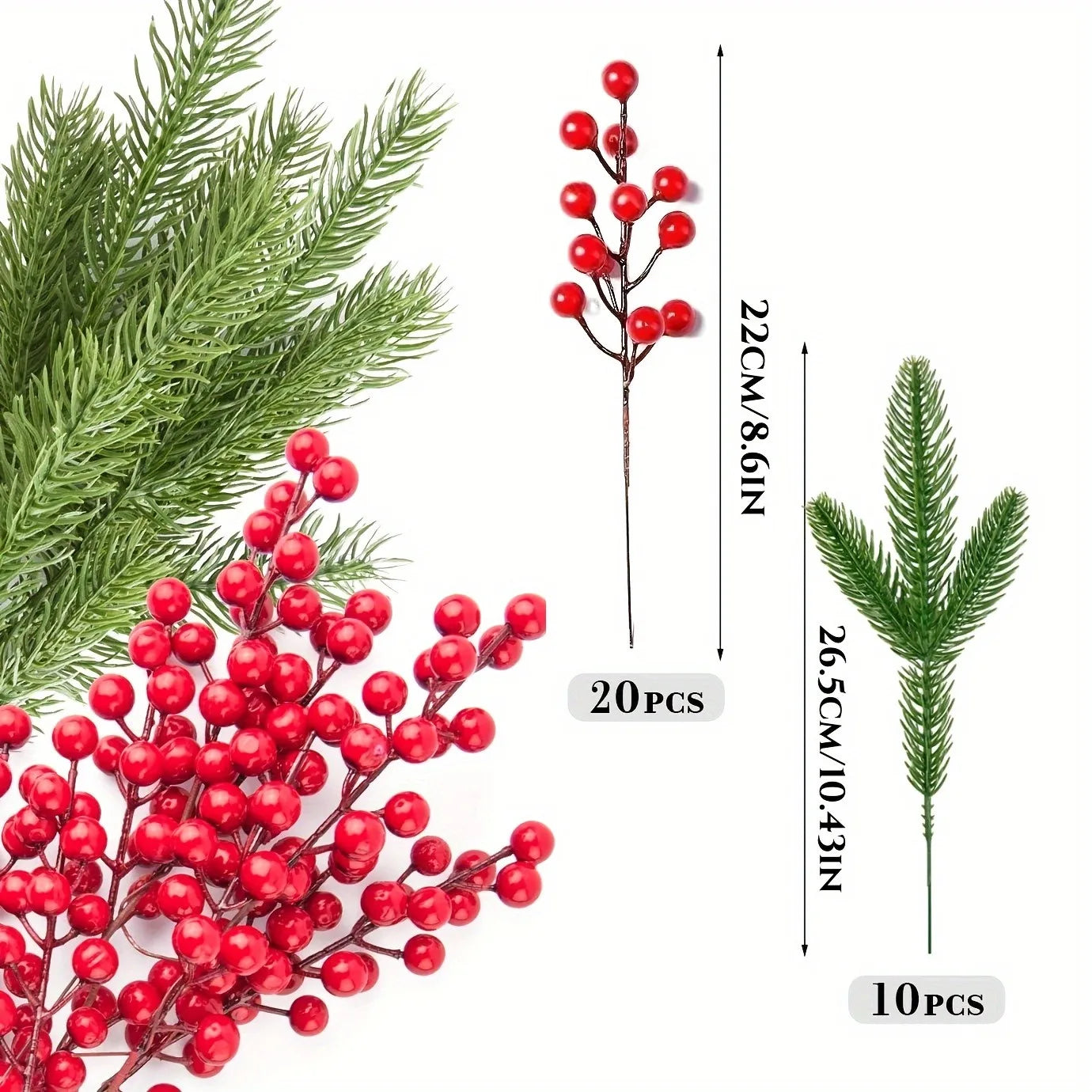Artificial Pine Branches | Holly Branches with Red Berry - 10Pcs