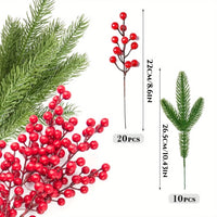 Artificial Pine Branches | Holly Branches with Red Berry - 10Pcs
