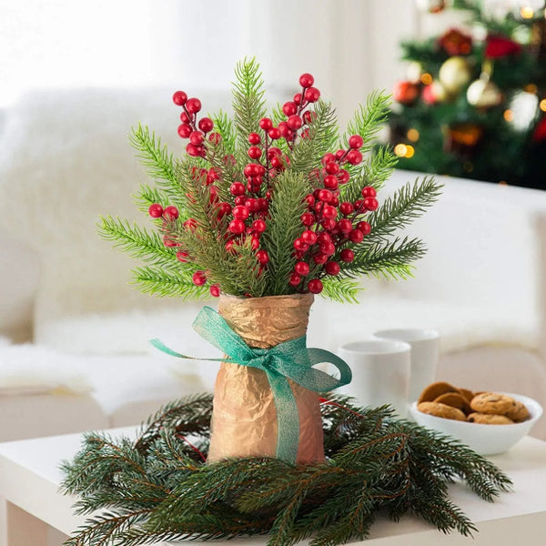 Artificial Pine Branches | Holly Branches with Red Berry - 10Pcs