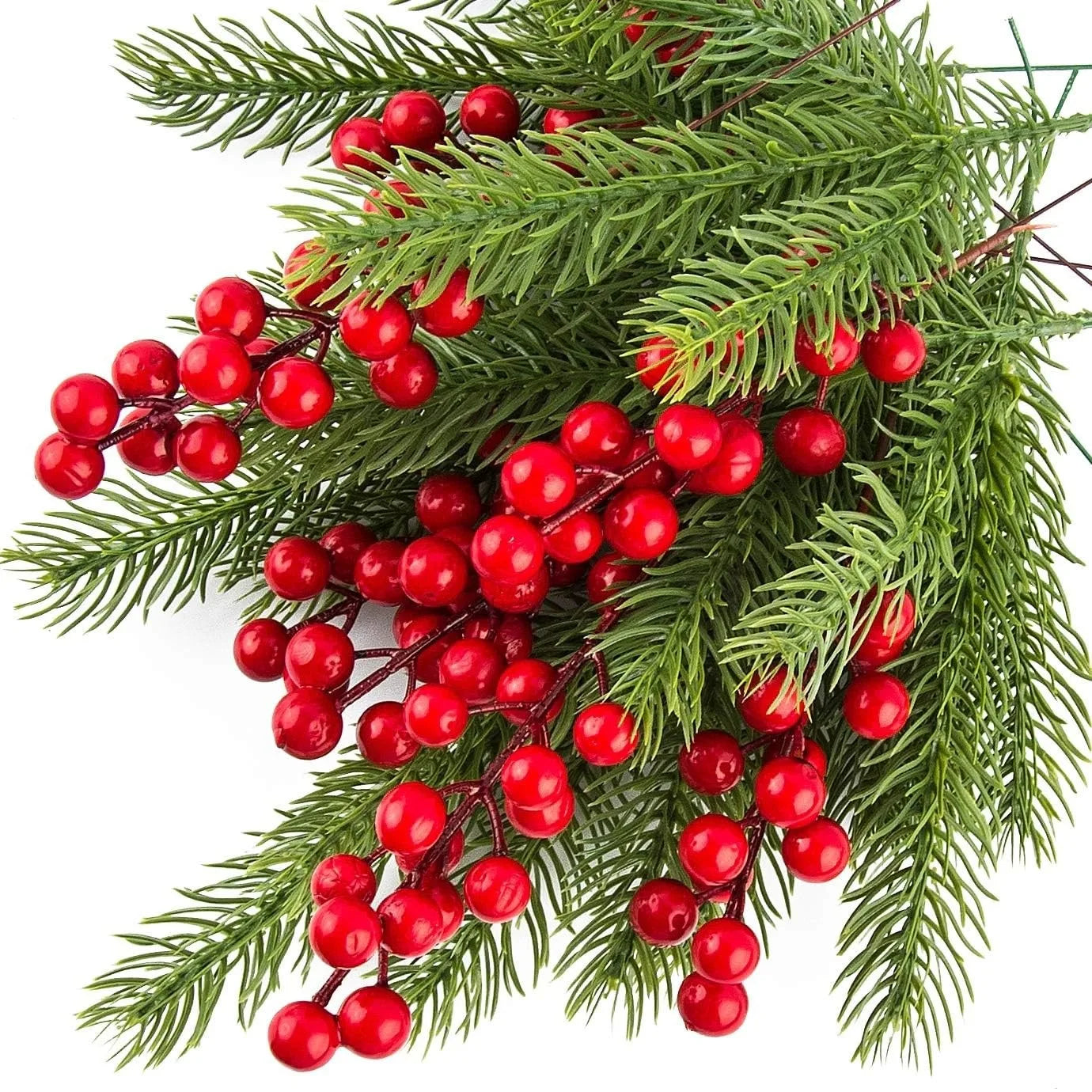 Artificial Pine Branches | Holly Branches with Red Berry - 10Pcs