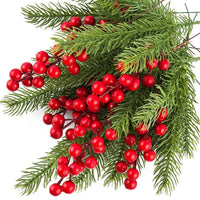 Artificial Pine Branches | Holly Branches with Red Berry - 10Pcs